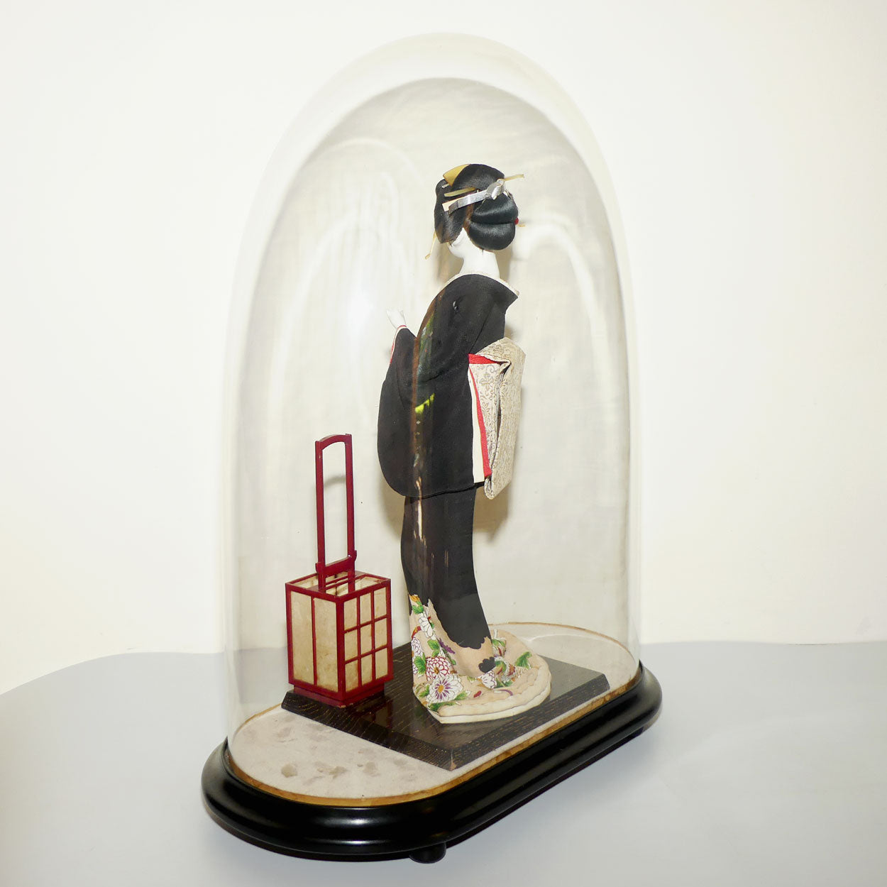 Large Japanese Papier Mache Geisha Doll in full costume in Glass Dome