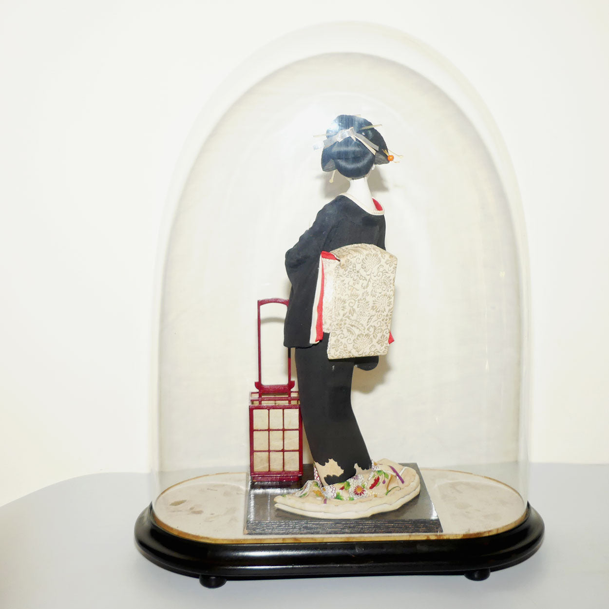 Large Japanese Papier Mache Geisha Doll in full costume in Glass Dome