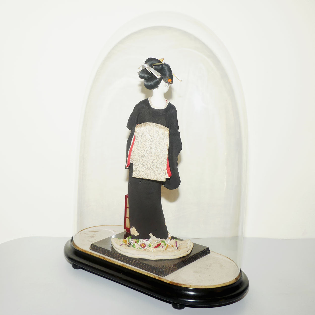 Large Japanese Papier Mache Geisha Doll in full costume in Glass Dome