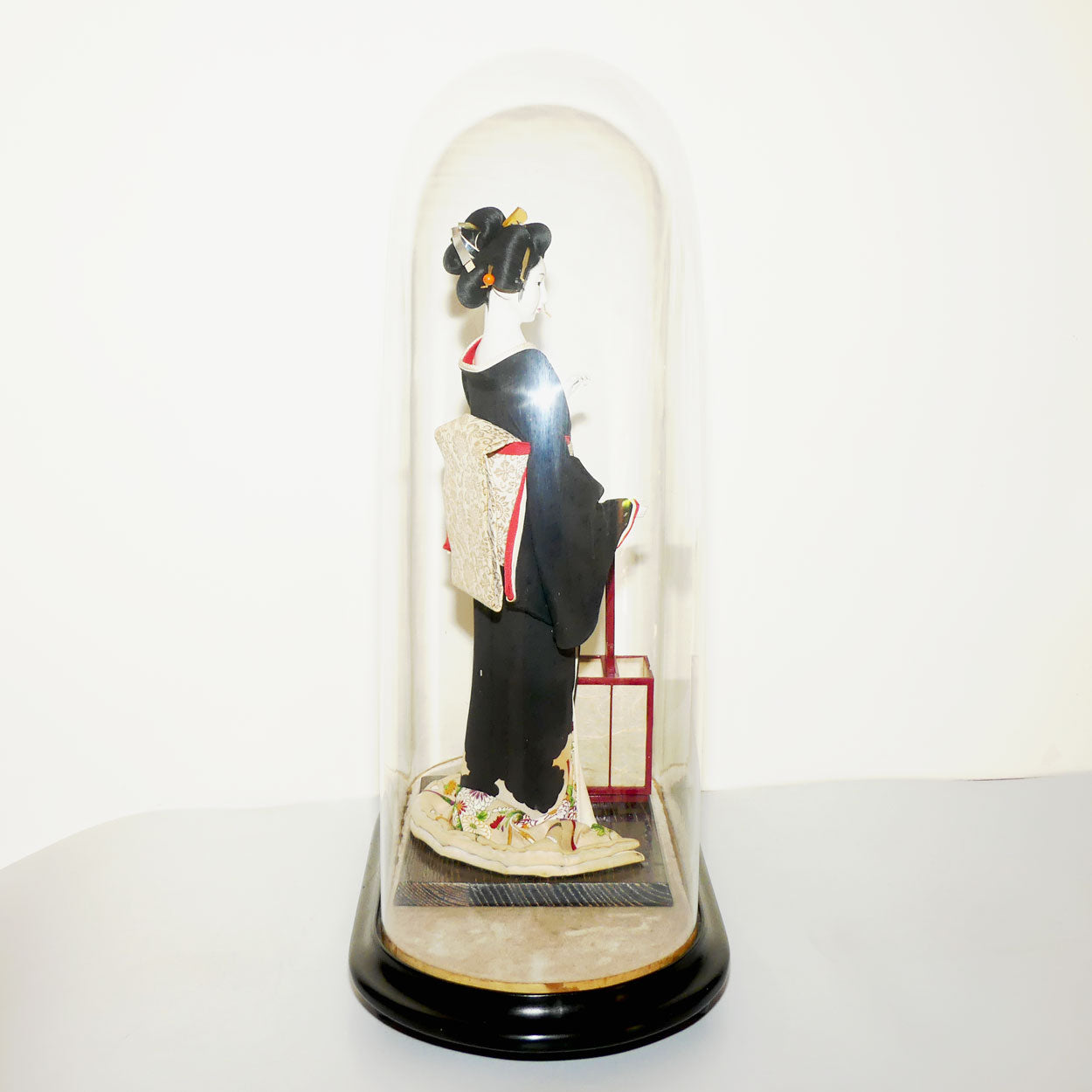Large Japanese Papier Mache Geisha Doll in full costume in Glass Dome