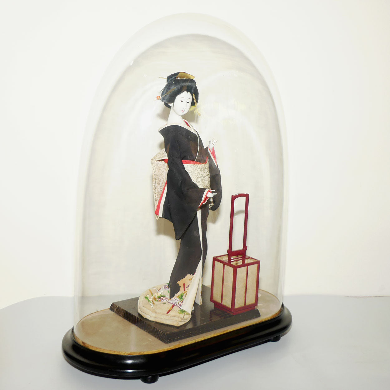 Large Japanese Papier Mache Geisha Doll in full costume in Glass Dome