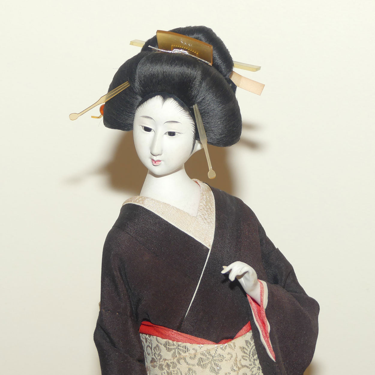 Large Japanese Papier Mache Geisha Doll in full costume in Glass Dome
