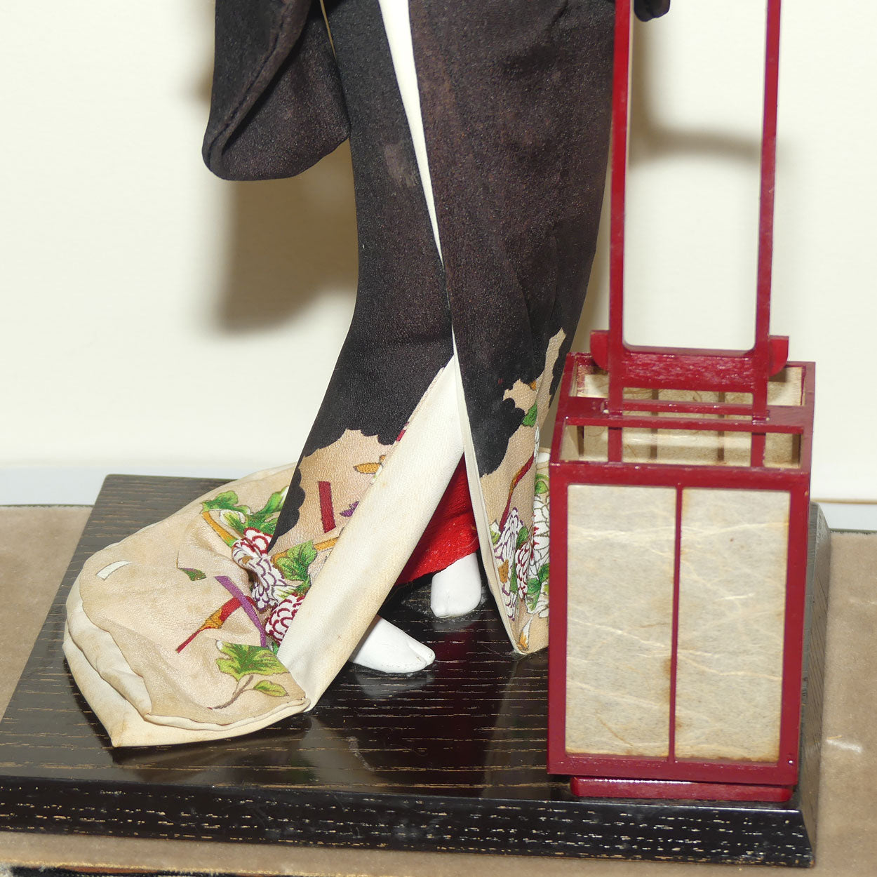 Large Japanese Papier Mache Geisha Doll in full costume in Glass Dome