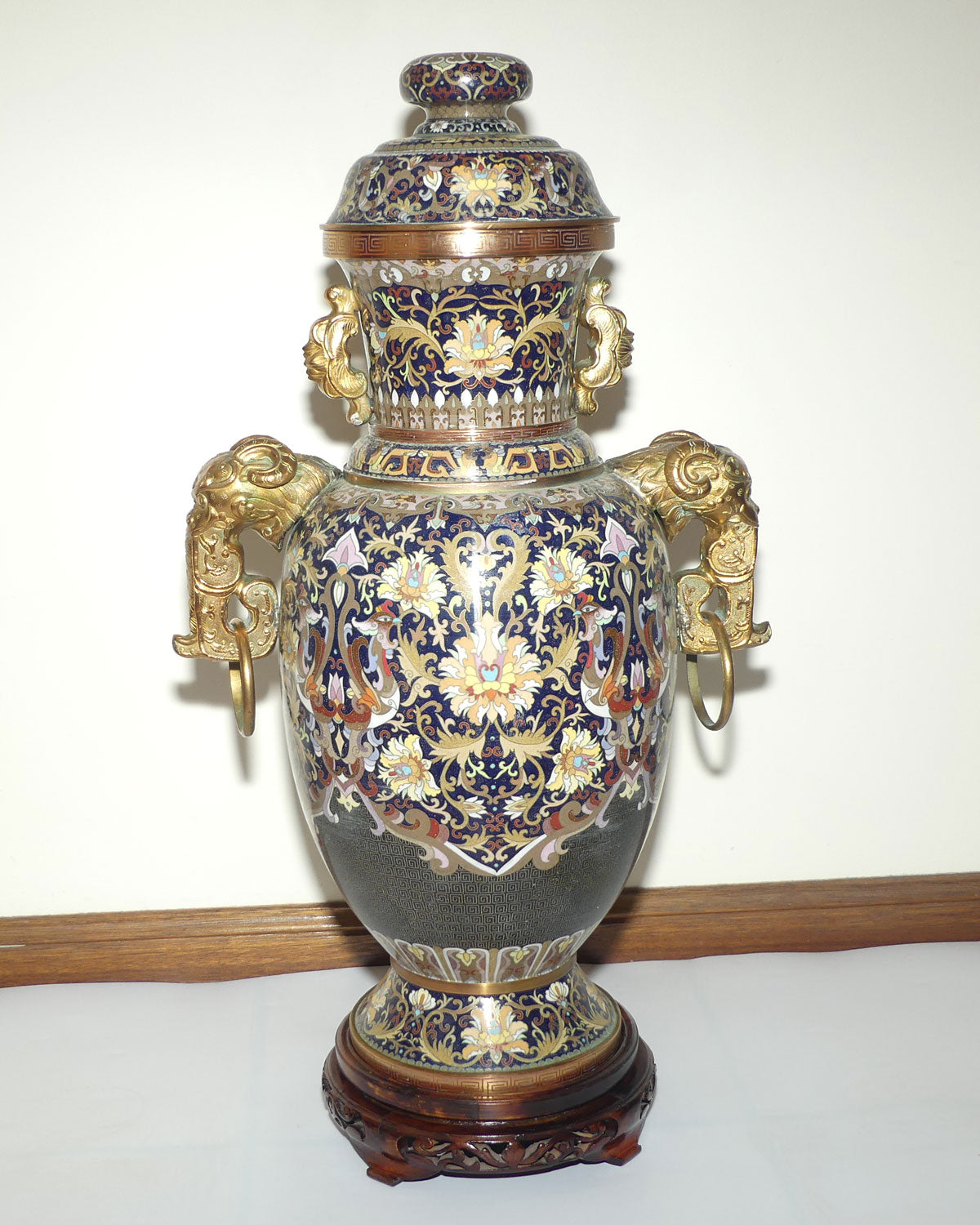 20th Century Chinese Cloisonne Gilt Bronze lidded urn with Elephant Handles | Royal Blue | 70cm tall
