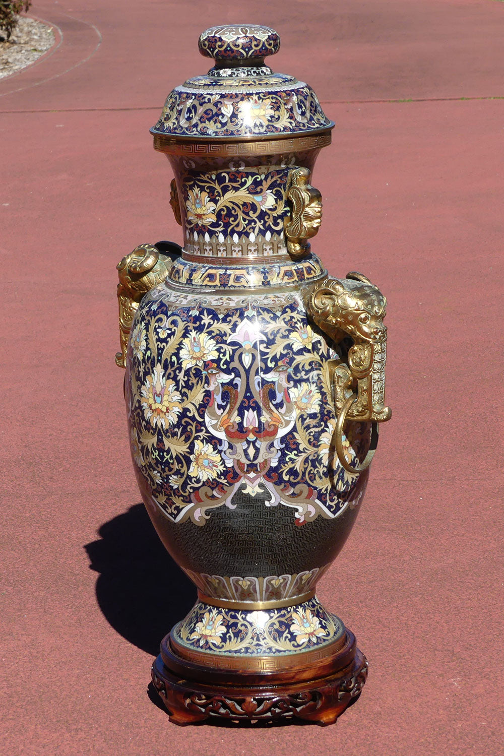 20th Century Chinese Cloisonne Gilt Bronze lidded urn with Elephant Handles | Royal Blue | 70cm tall