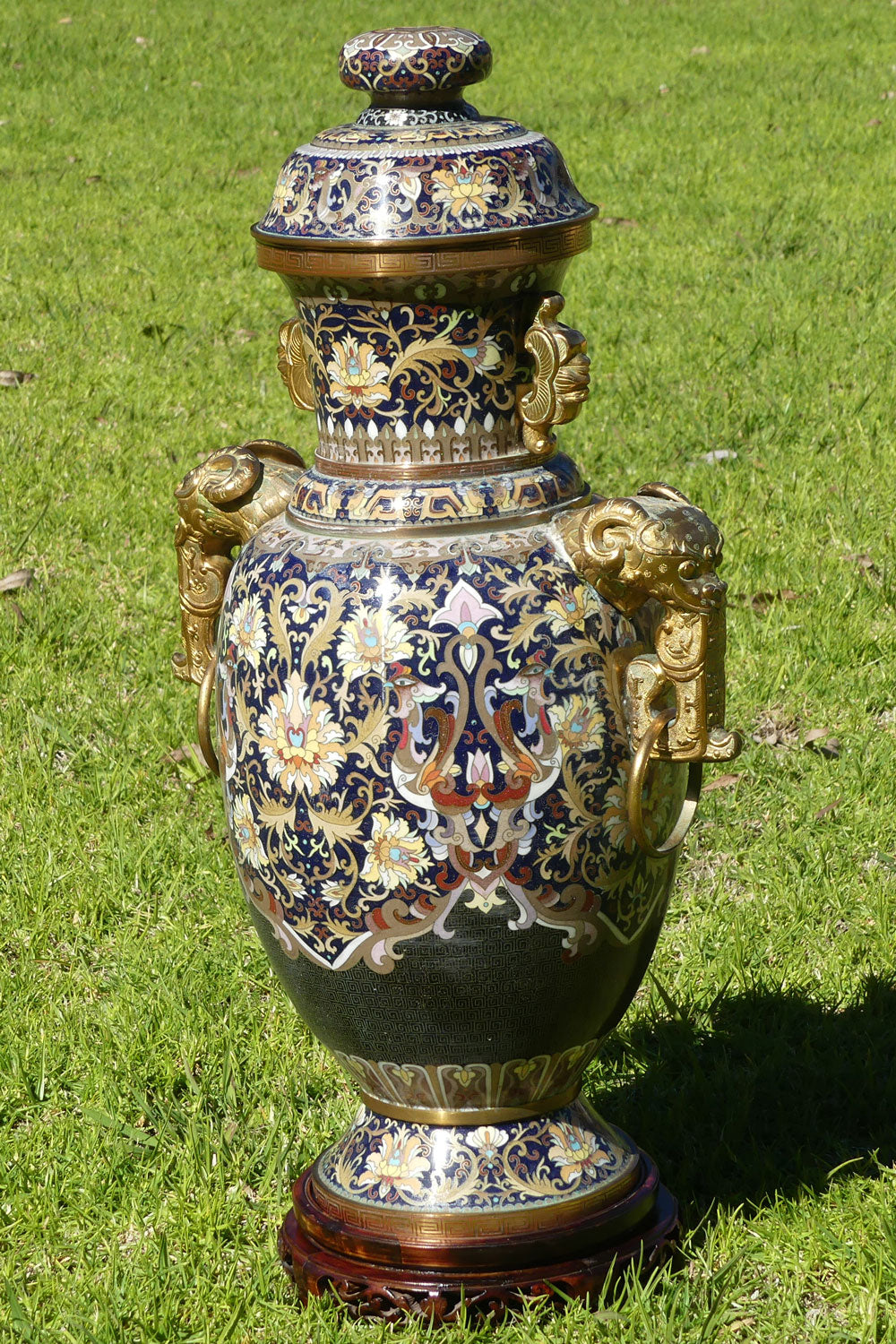 20th Century Chinese Cloisonne Gilt Bronze lidded urn with Elephant Handles | Royal Blue | 70cm tall