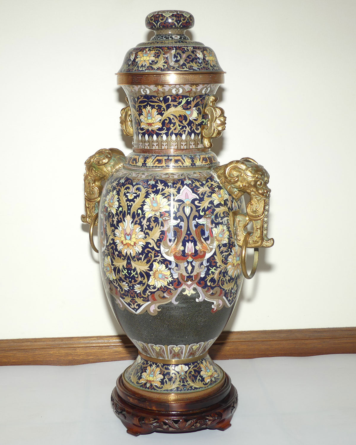 20th Century Chinese Cloisonne Gilt Bronze lidded urn with Elephant Handles | Royal Blue | 70cm tall