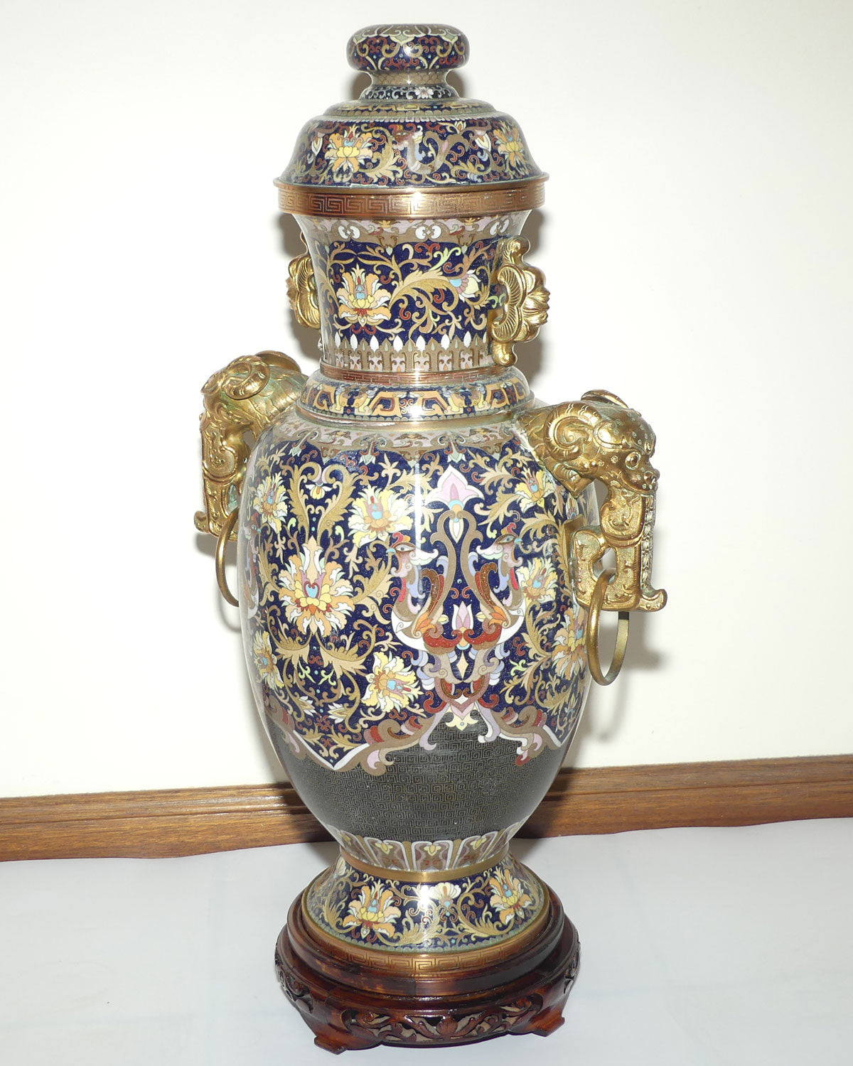 20th Century Chinese Cloisonne Gilt Bronze lidded urn with Elephant Handles | Royal Blue | 70cm tall