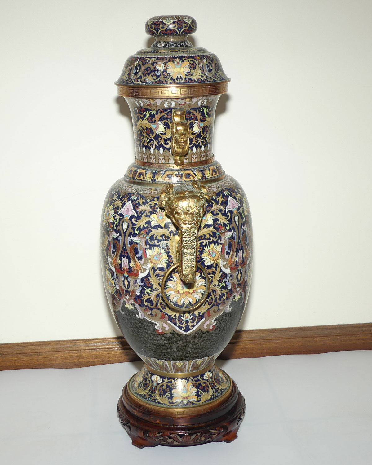 20th Century Chinese Cloisonne Gilt Bronze lidded urn with Elephant Handles | Royal Blue | 70cm tall