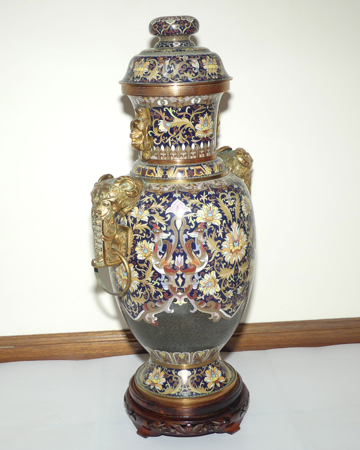 20th Century Chinese Cloisonne Gilt Bronze lidded urn with Elephant Handles | Royal Blue | 70cm tall