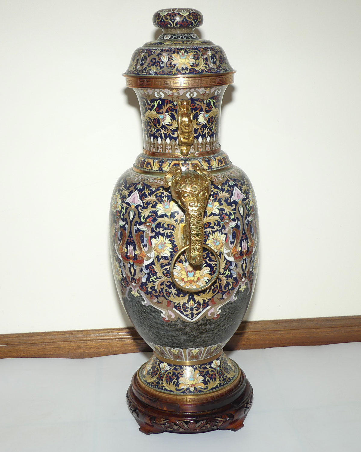 20th Century Chinese Cloisonne Gilt Bronze lidded urn with Elephant Handles | Royal Blue | 70cm tall