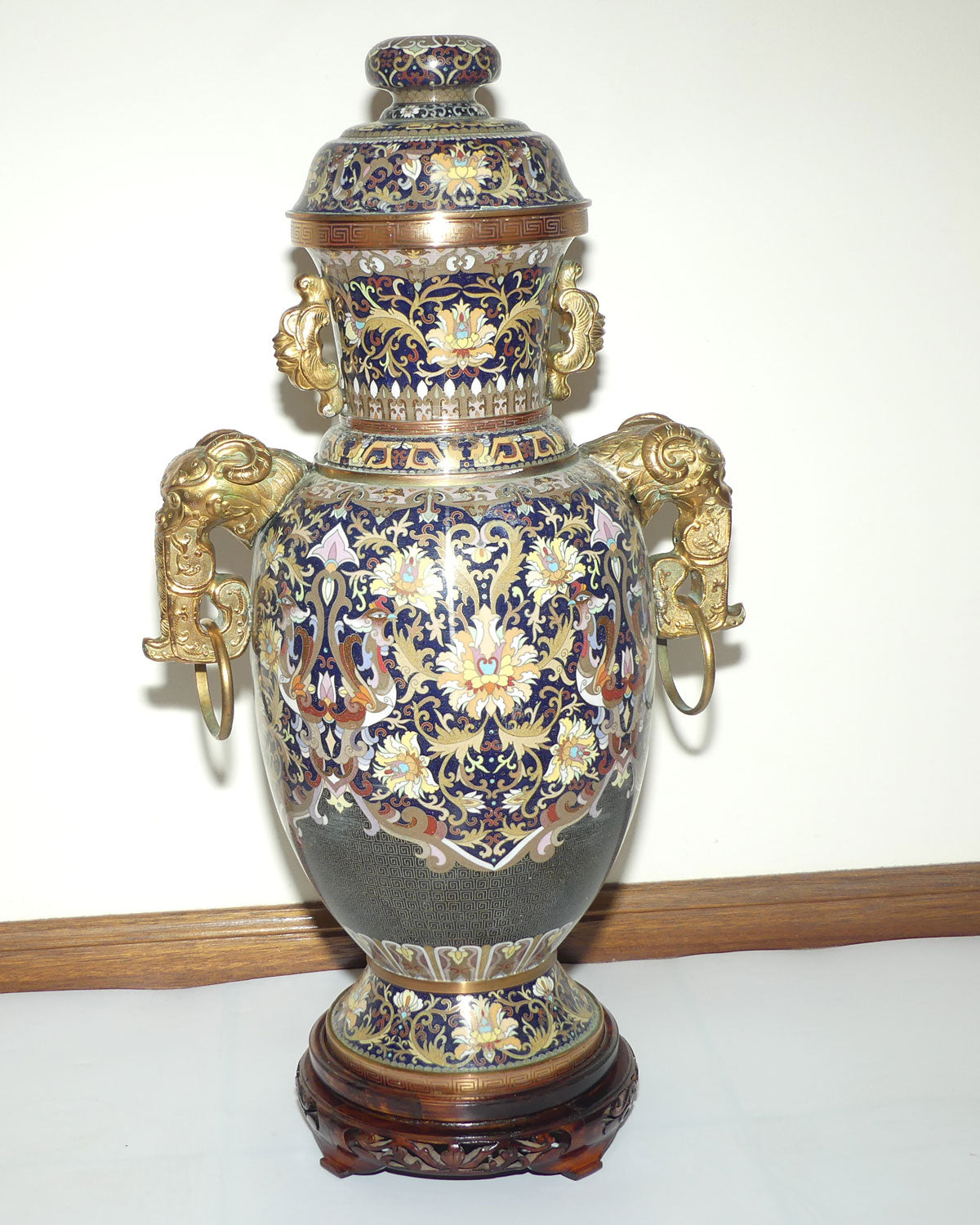 20th Century Chinese Cloisonne Gilt Bronze lidded urn with Elephant Handles | Royal Blue | 70cm tall