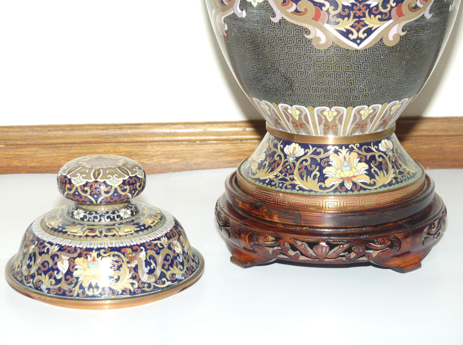 20th Century Chinese Cloisonne Gilt Bronze lidded urn with Elephant Handles | Royal Blue | 70cm tall