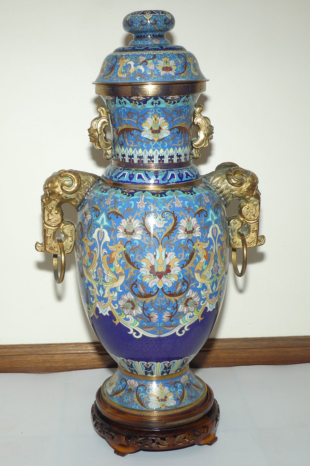 20th Century Chinese Cloisonne Gilt Bronze lidded urn with Elephant Handles | Sky Blue | 70cm tall