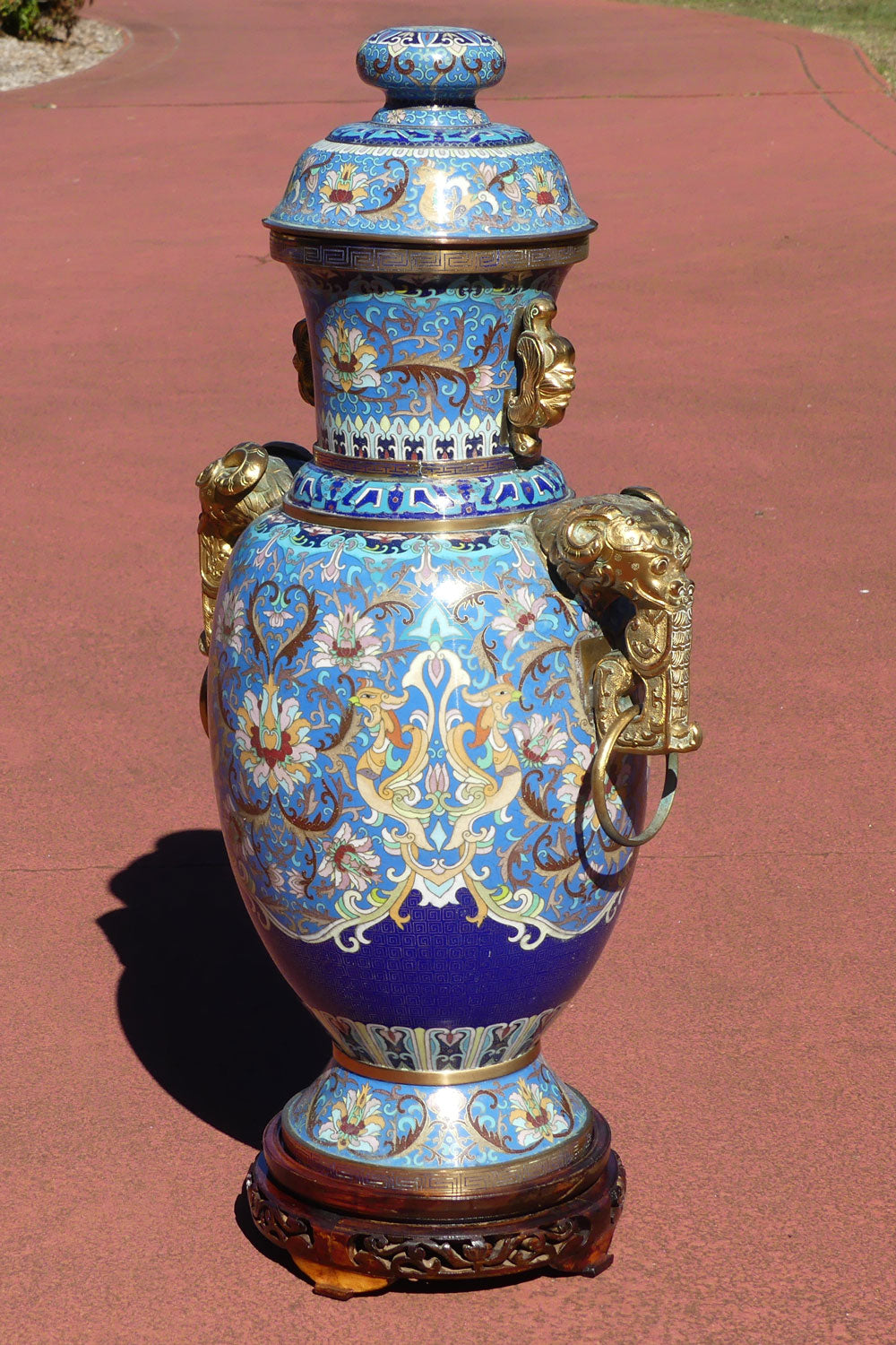20th Century Chinese Cloisonne Gilt Bronze lidded urn with Elephant Handles | Sky Blue | 70cm tall