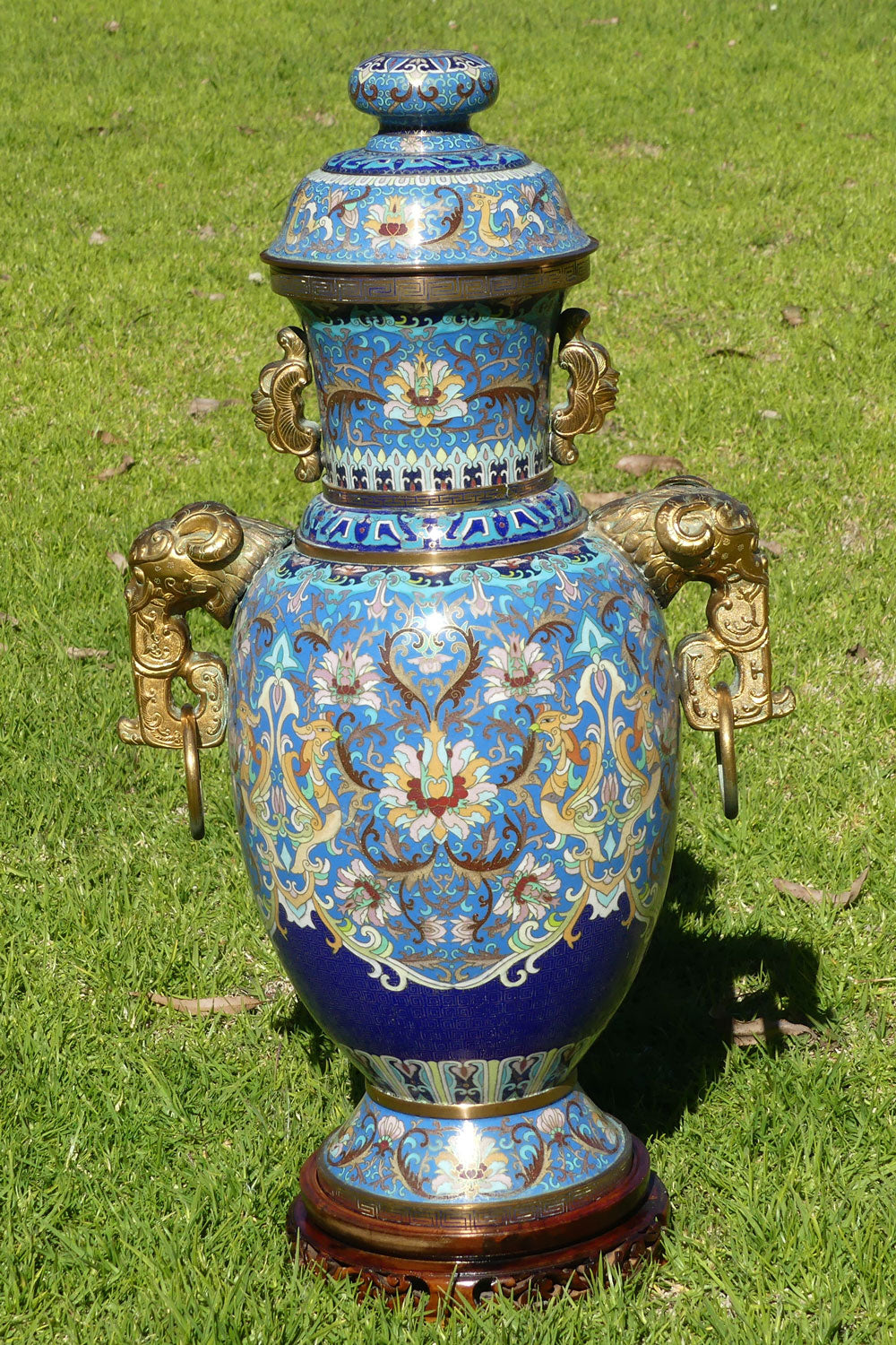 20th Century Chinese Cloisonne Gilt Bronze lidded urn with Elephant Handles | Sky Blue | 70cm tall