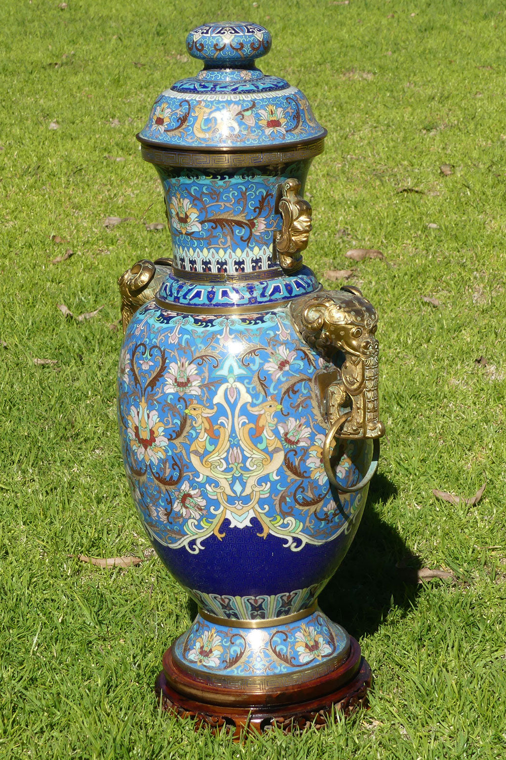 20th Century Chinese Cloisonne Gilt Bronze lidded urn with Elephant Handles | Sky Blue | 70cm tall