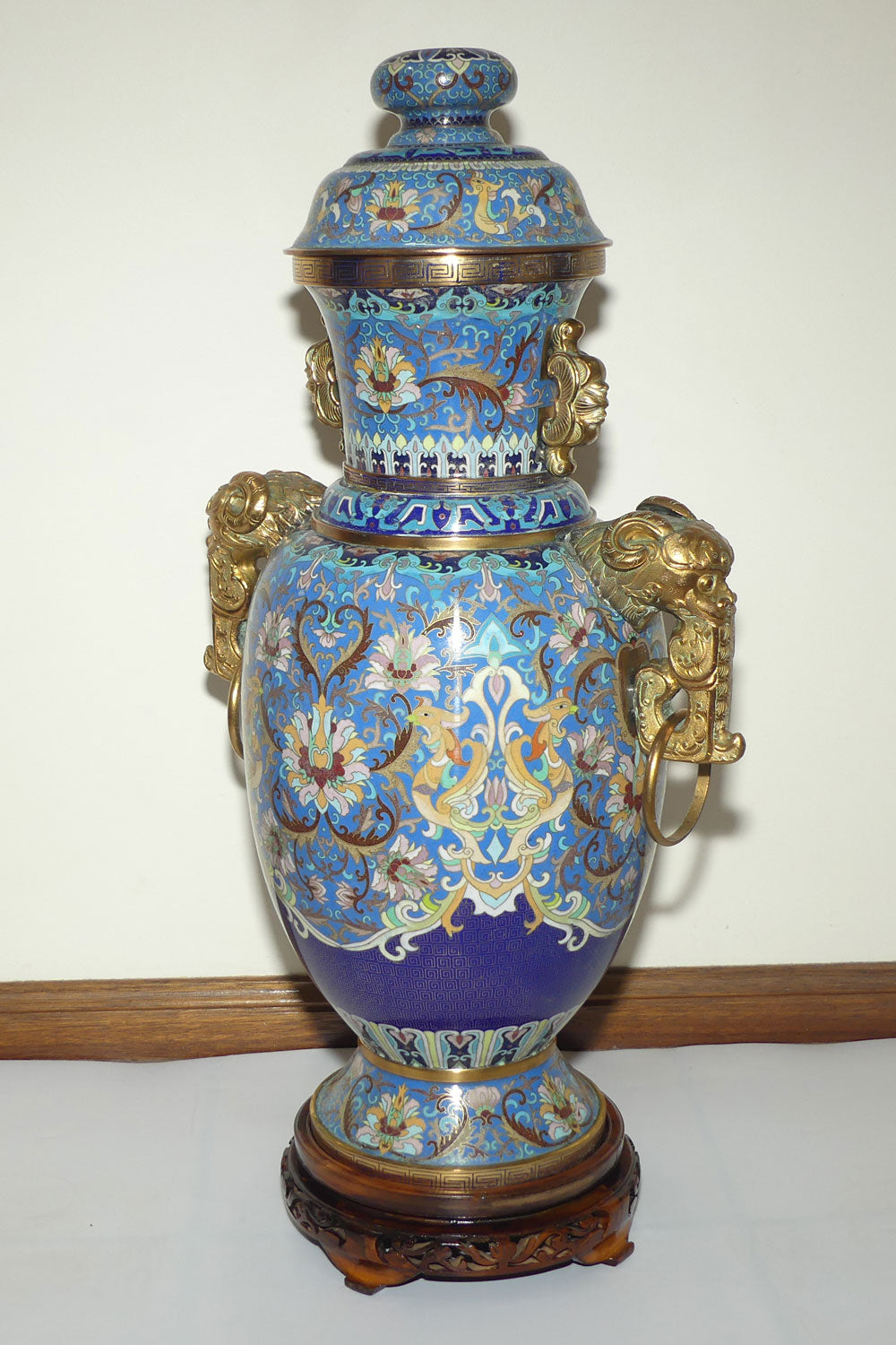20th Century Chinese Cloisonne Gilt Bronze lidded urn with Elephant Handles | Sky Blue | 70cm tall