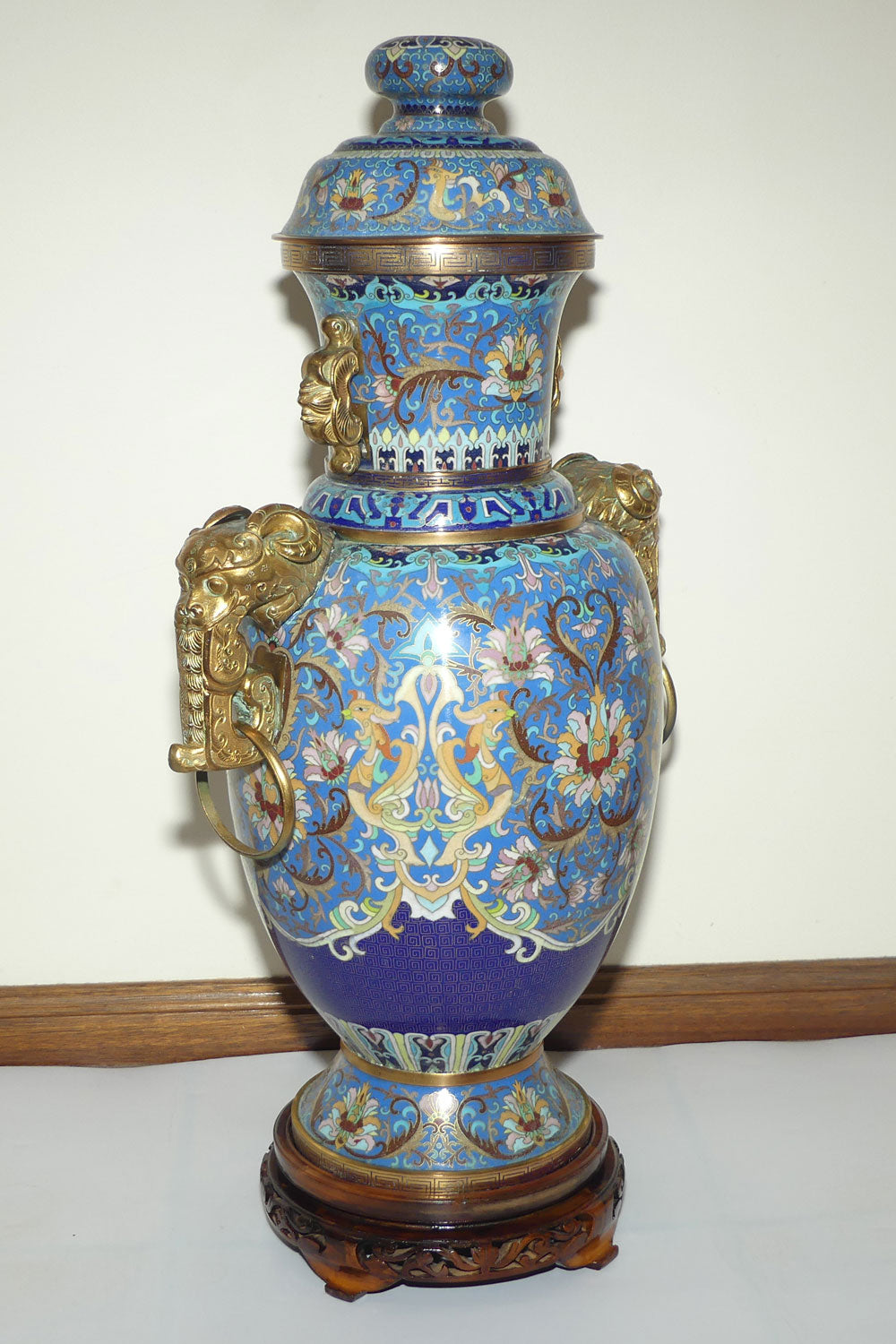 20th Century Chinese Cloisonne Gilt Bronze lidded urn with Elephant Handles | Sky Blue | 70cm tall
