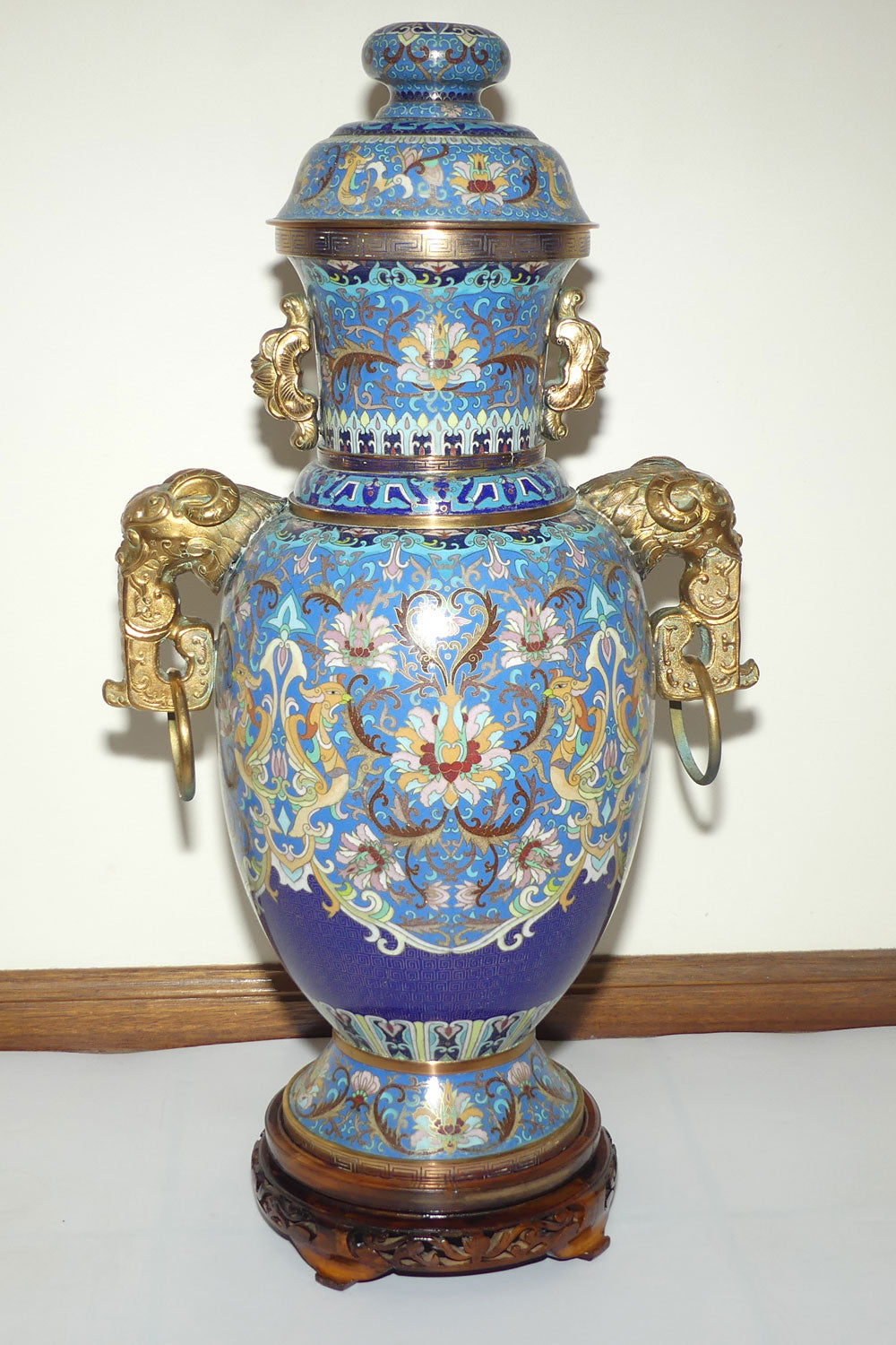 20th Century Chinese Cloisonne Gilt Bronze lidded urn with Elephant Handles | Sky Blue | 70cm tall
