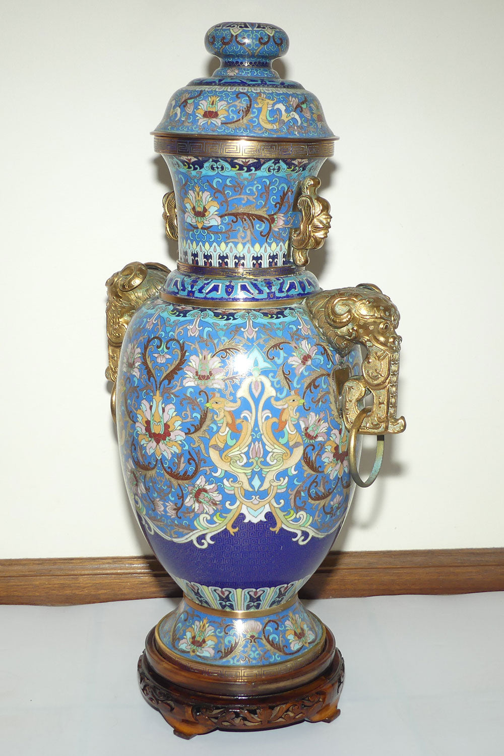 20th Century Chinese Cloisonne Gilt Bronze lidded urn with Elephant Handles | Sky Blue | 70cm tall