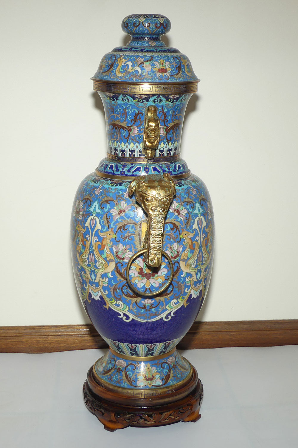 20th Century Chinese Cloisonne Gilt Bronze lidded urn with Elephant Handles | Sky Blue | 70cm tall