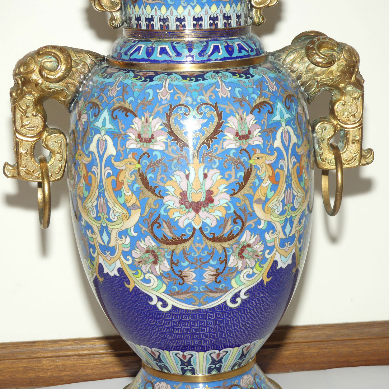 20th Century Chinese Cloisonne Gilt Bronze lidded urn with Elephant Handles | Sky Blue | 70cm tall