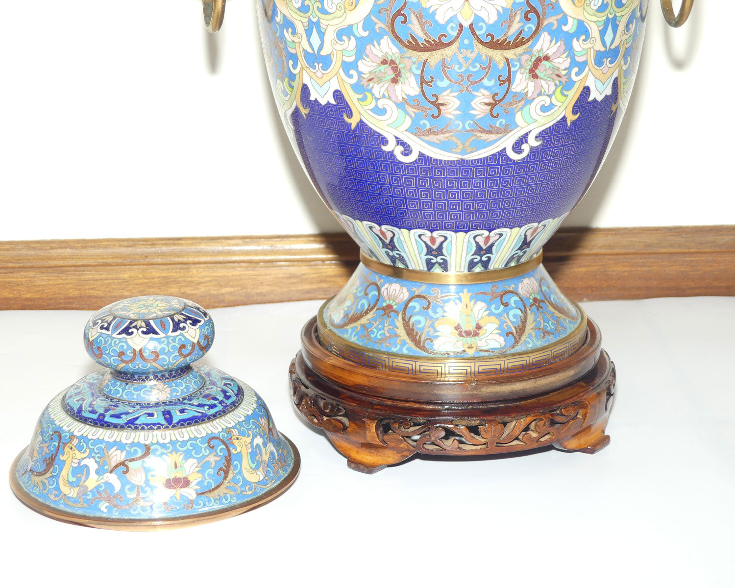 20th Century Chinese Cloisonne Gilt Bronze lidded urn with Elephant Handles | Sky Blue | 70cm tall