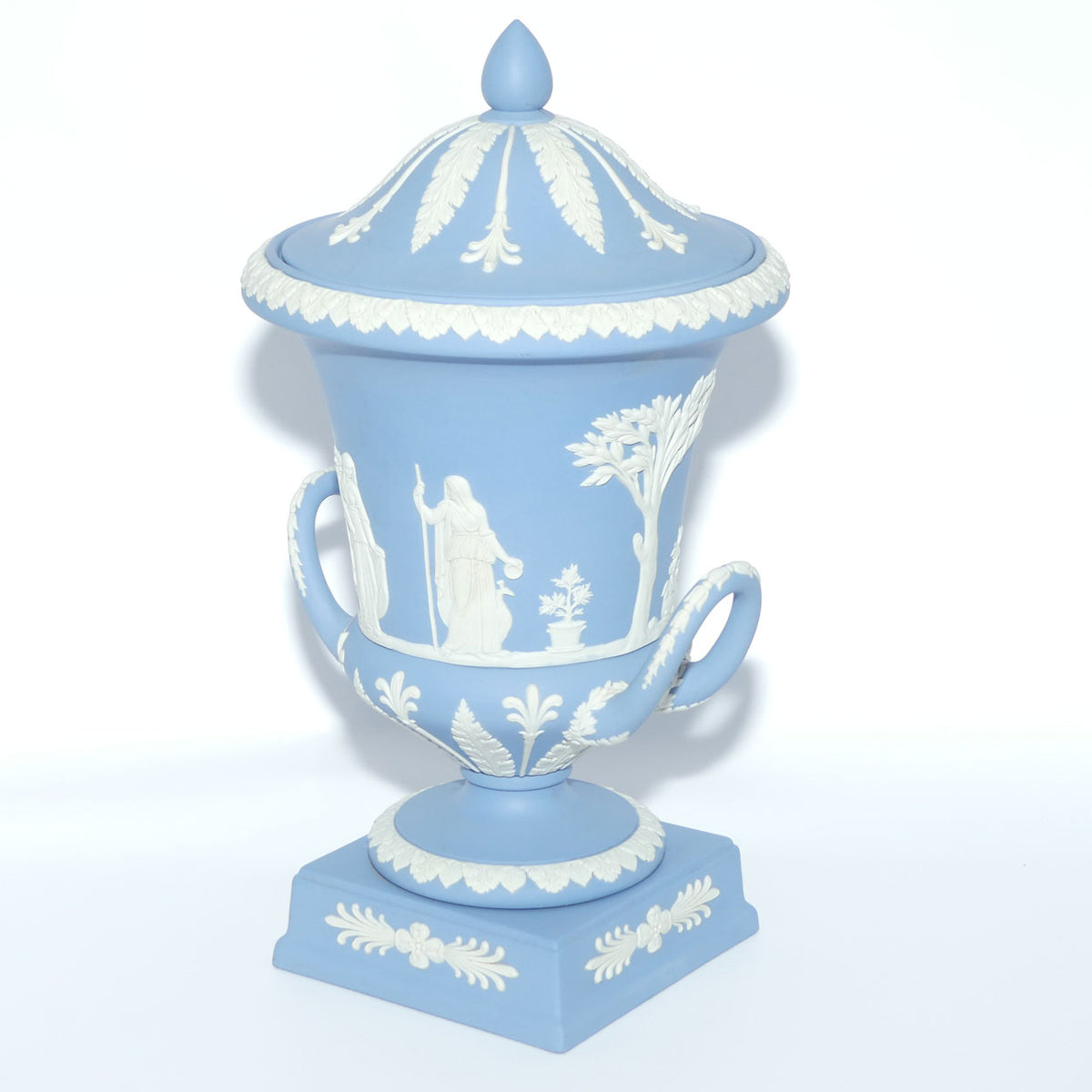 Wedgwood Jasper | White on Pale Blue | Maidens Campagna shape lidded urn | 31cm tall
