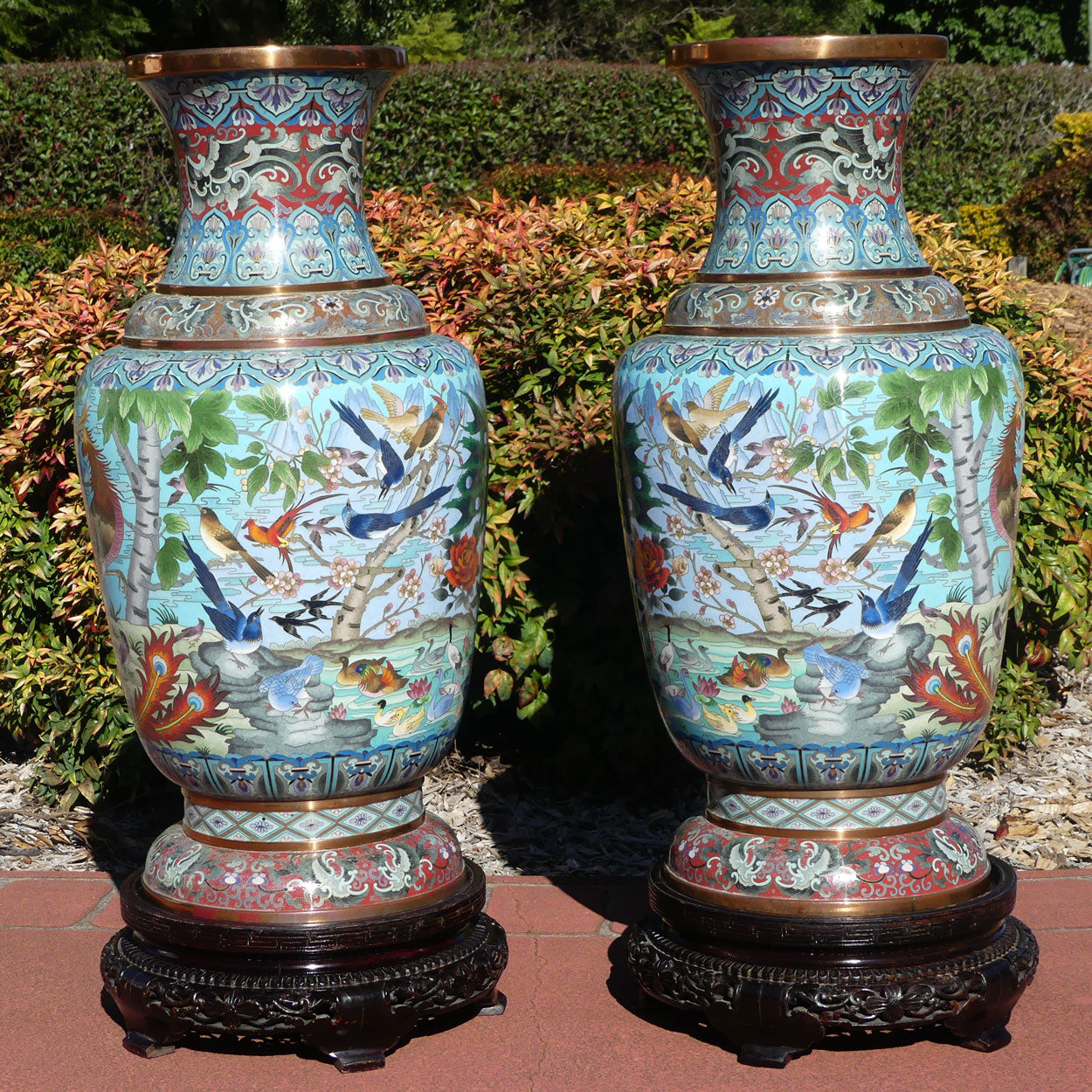 Pair of early 20th Century Chinese Cloisonne Floor vases on wooden stands | 90cm tall