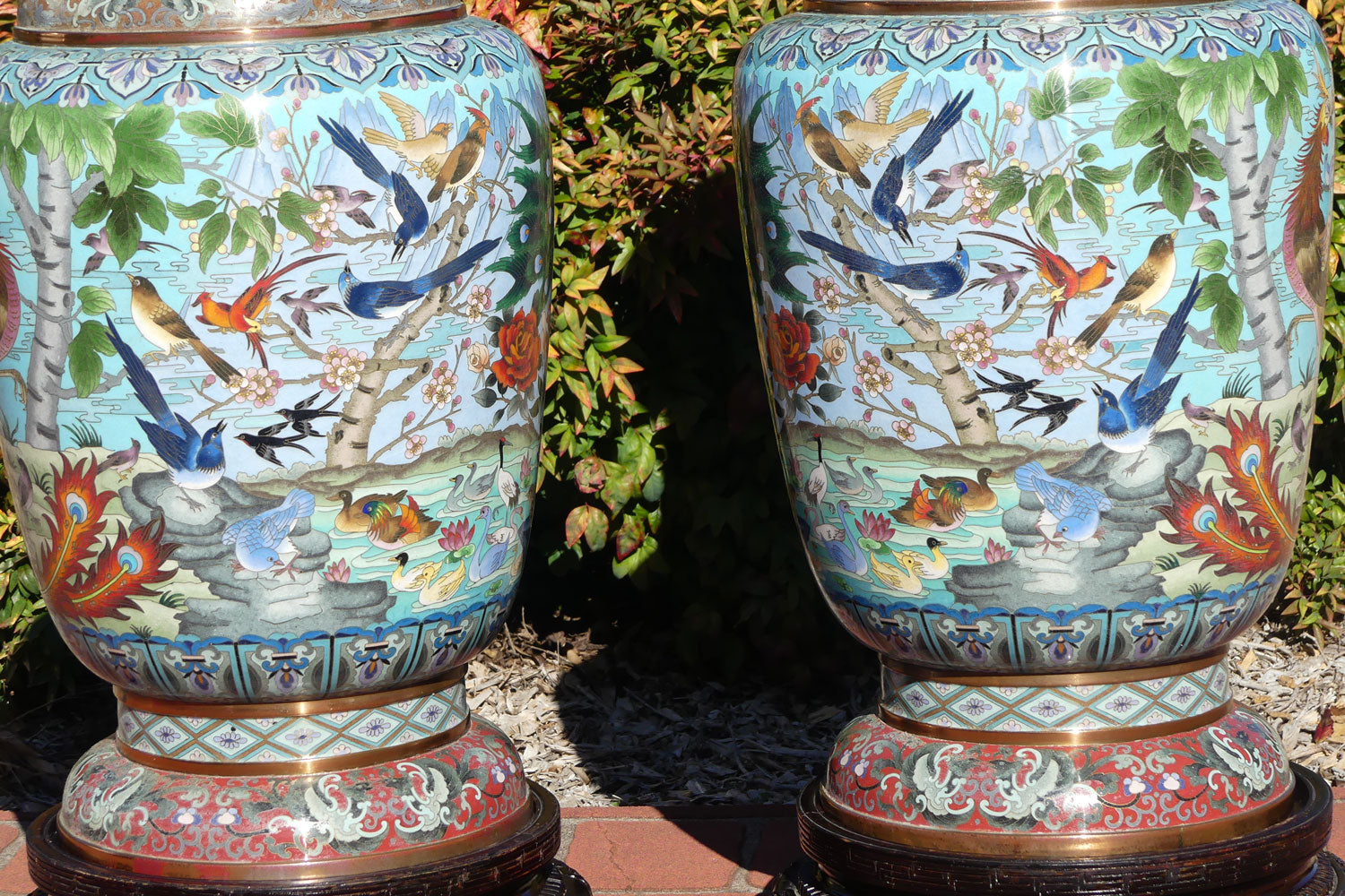 Pair of early 20th Century Chinese Cloisonne Floor vases on wooden stands | 90cm tall
