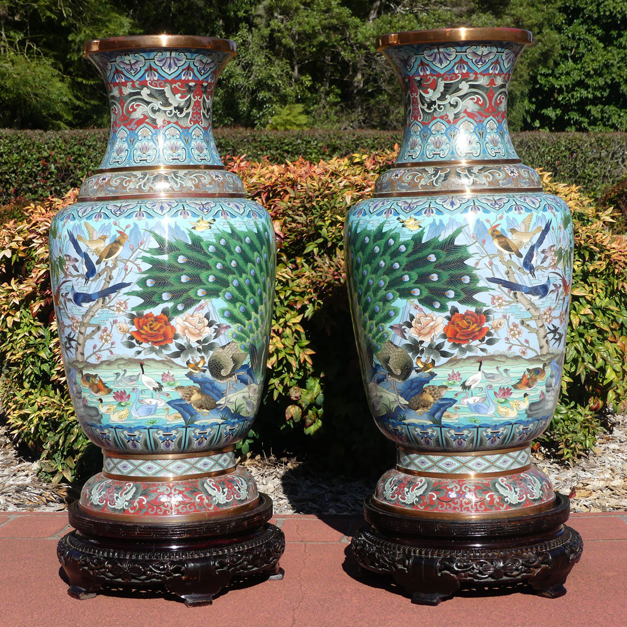 Pair of early 20th Century Chinese Cloisonne Floor vases on wooden stands | 90cm tall