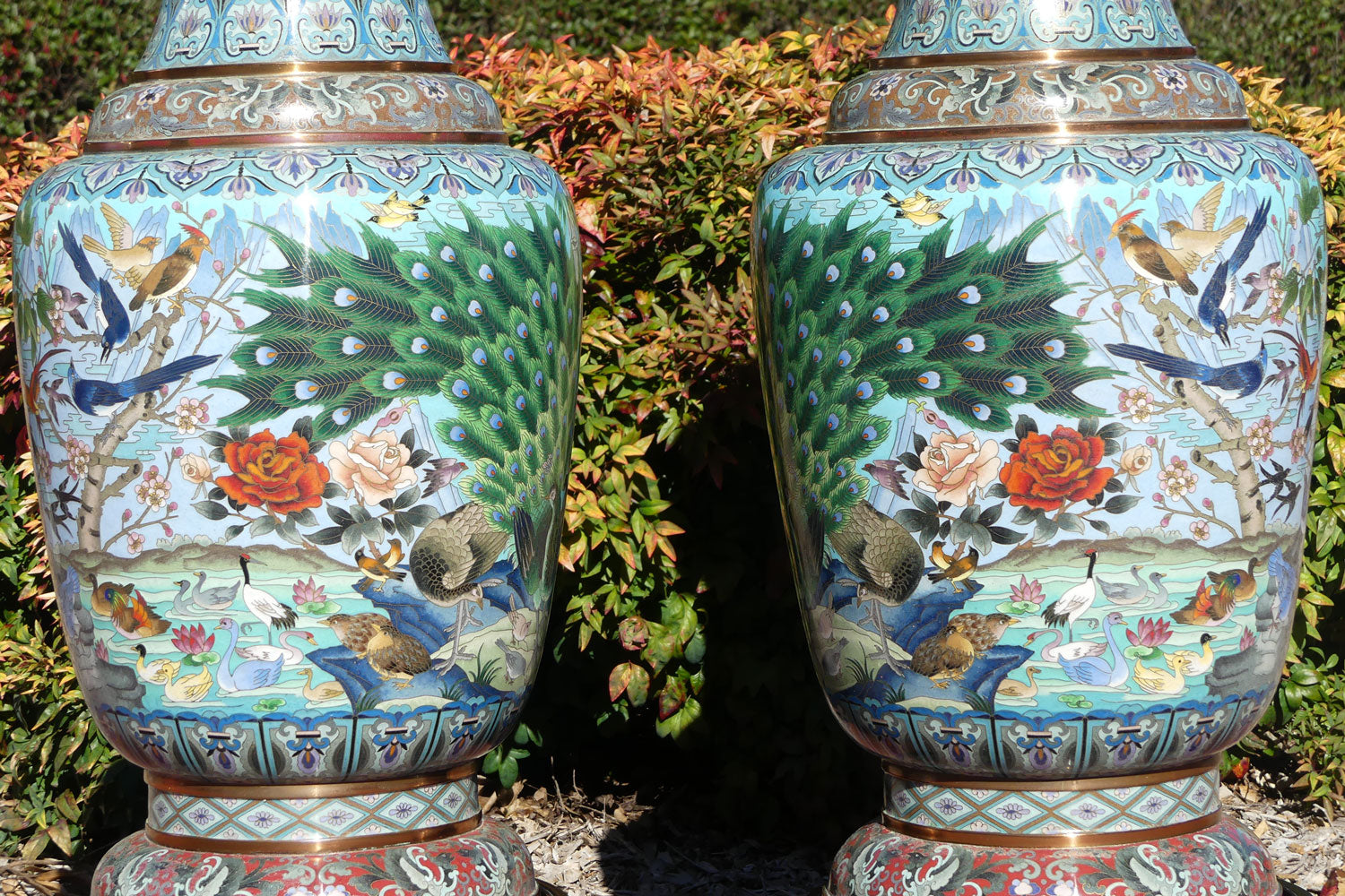 Pair of early 20th Century Chinese Cloisonne Floor vases on wooden stands | 90cm tall