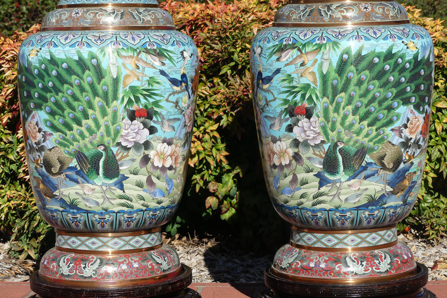 Pair of early 20th Century Chinese Cloisonne Floor vases on wooden stands | 90cm tall