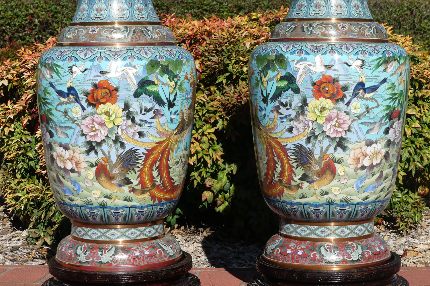 Pair of early 20th Century Chinese Cloisonne Floor vases on wooden stands | 90cm tall