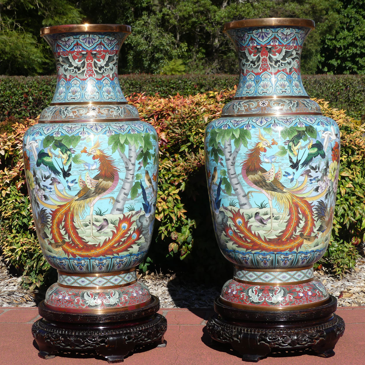 Pair of early 20th Century Chinese Cloisonne Floor vases on wooden stands | 90cm tall