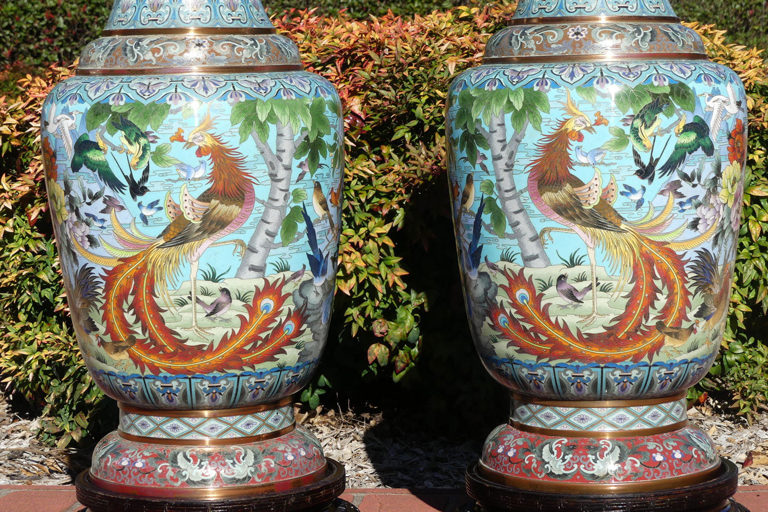 Pair of early 20th Century Chinese Cloisonne Floor vases on wooden stands | 90cm tall