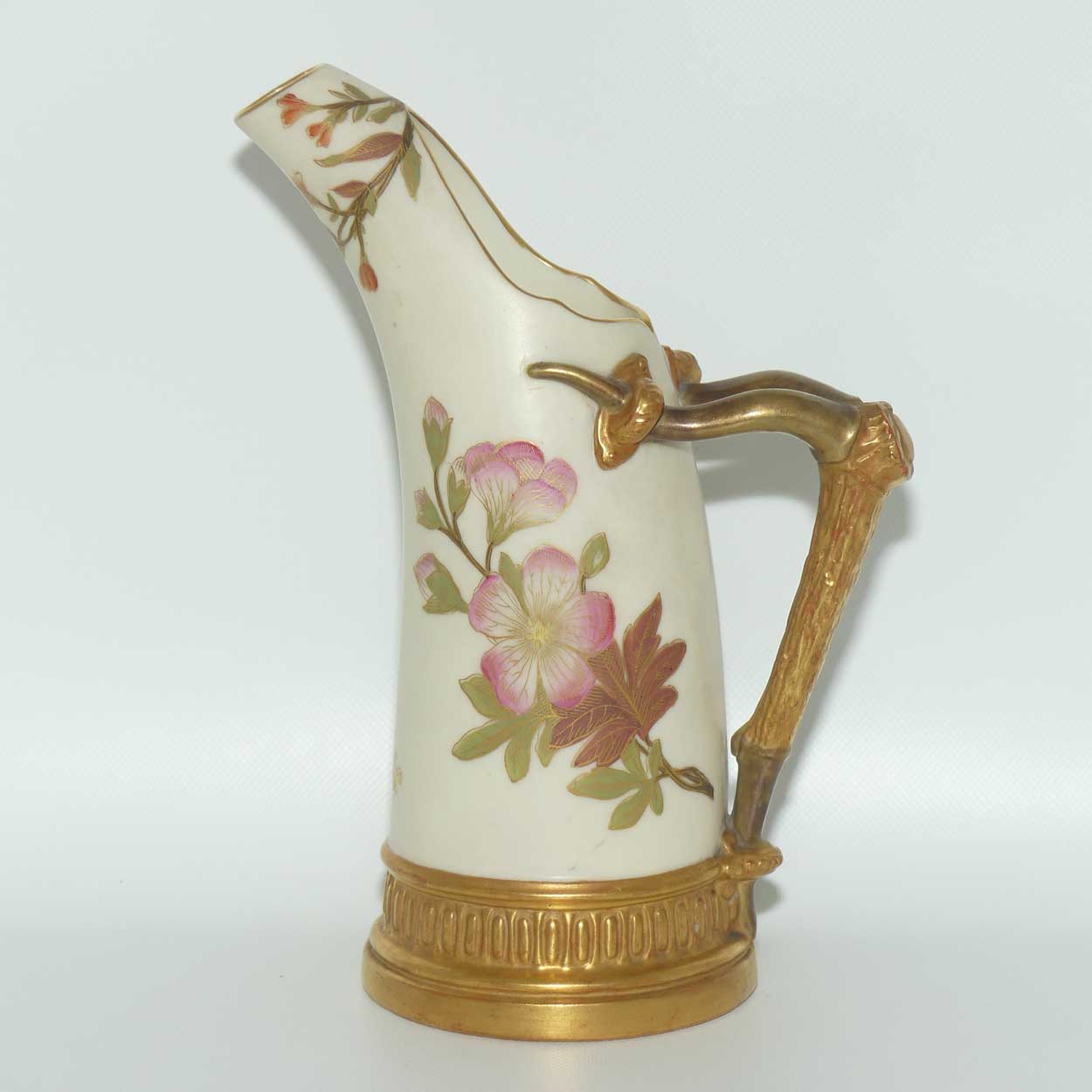 Royal Worcester Blush Ivory hand painted and gilt horn handle jug (Smaller, Dogwood Rose)