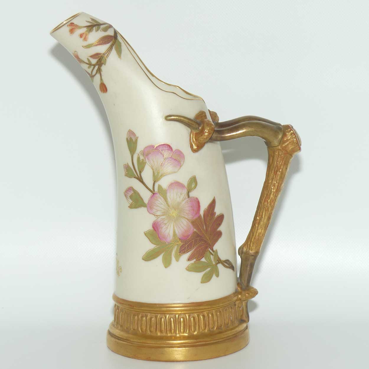 Royal Worcester Blush Ivory hand painted and gilt horn handle jug (Smaller, Dogwood Rose)
