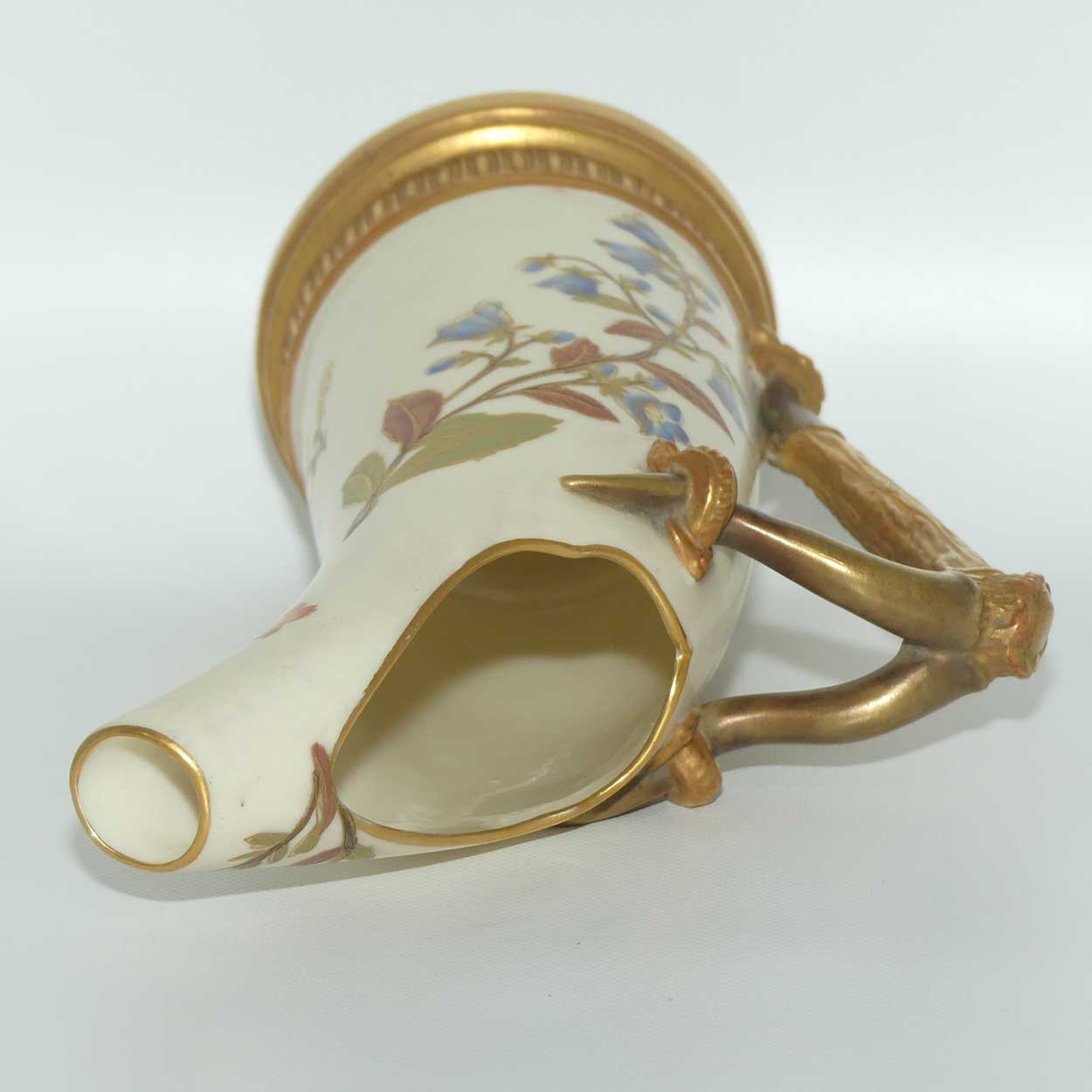 Royal Worcester Blush Ivory hand painted and gilt horn handle jug (Smaller, Dogwood Rose)