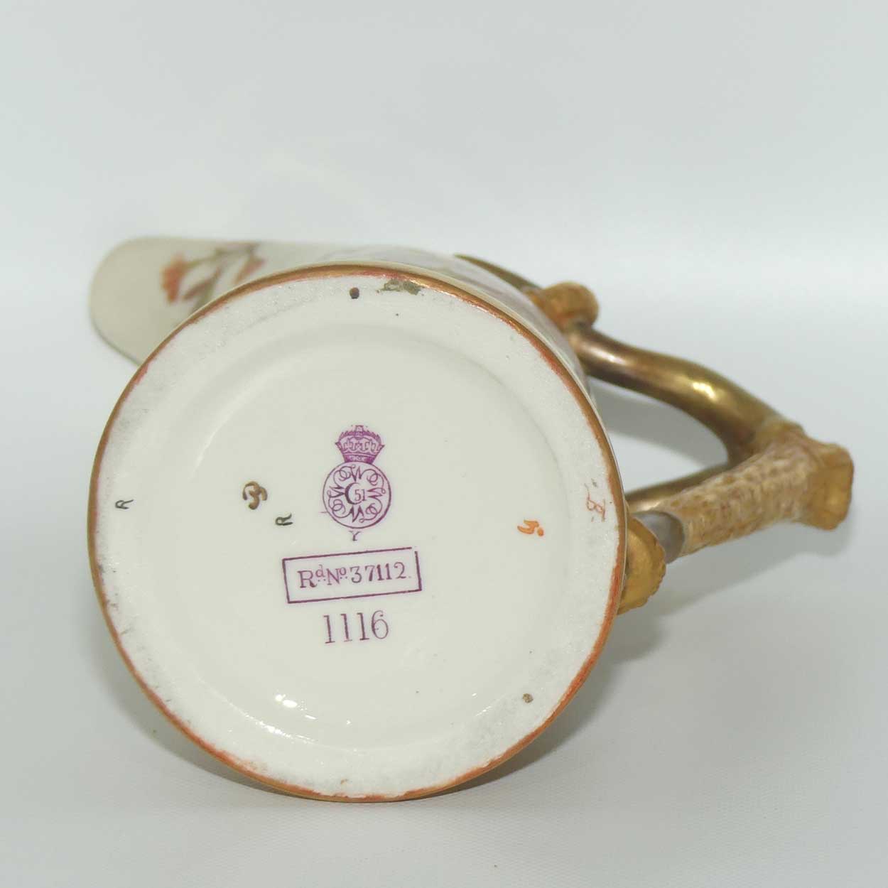 Royal Worcester Blush Ivory hand painted and gilt horn handle jug (Smaller, Dogwood Rose)