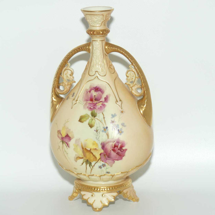 Royal Worcester Blush Ivory hand painted and gilt twin handle Roses vase