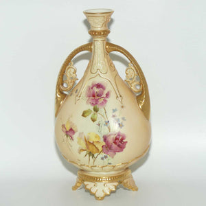 Royal Worcester Blush Ivory hand painted and gilt twin handle Roses vase