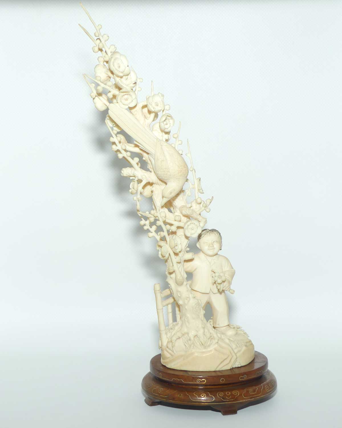 Carved Ivory figure of Girl picking Cherry Blossoms | Pheasant in Tree | Tall and Elaborate