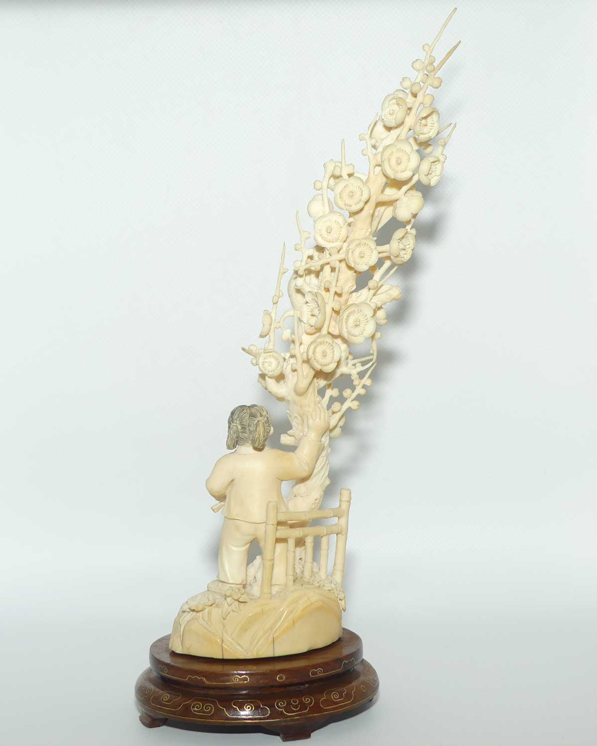 Carved Ivory figure of Girl picking Cherry Blossoms | Pheasant in Tree | Tall and Elaborate