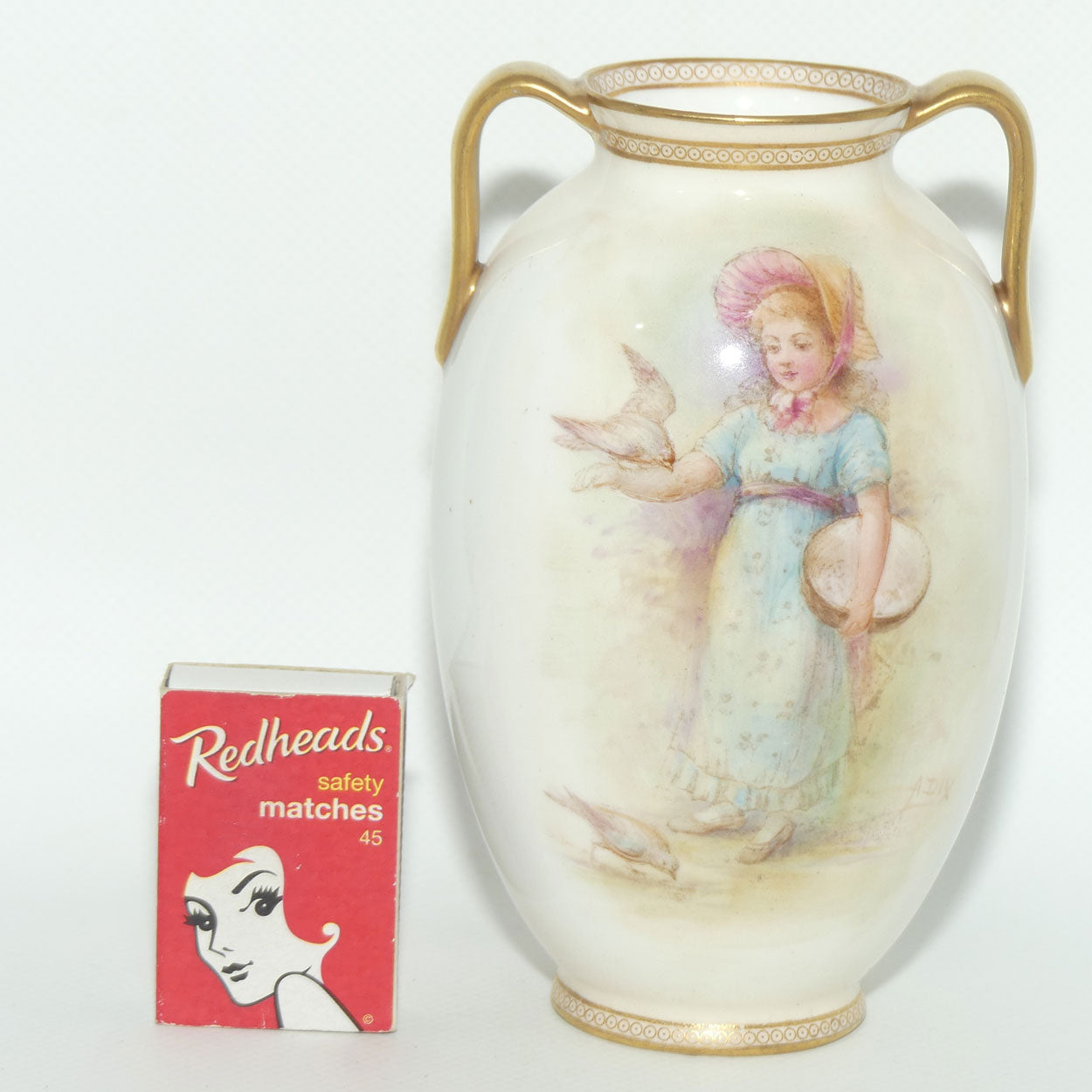 Royal Doulton hand painted twin handle vase | Victorian Girl with Bird | signed A Dix