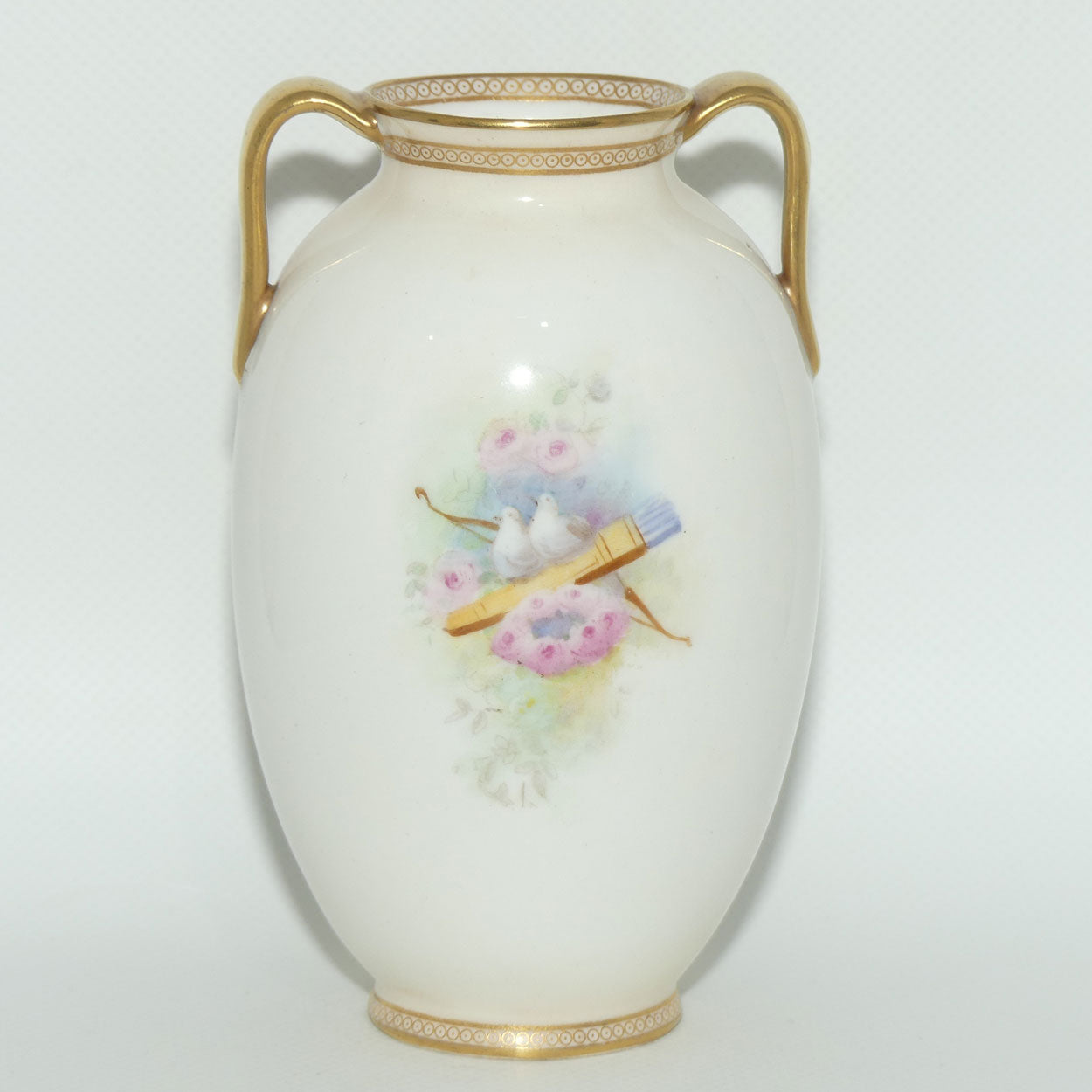 Royal Doulton hand painted twin handle vase | Victorian Girl with Bird | signed A Dix