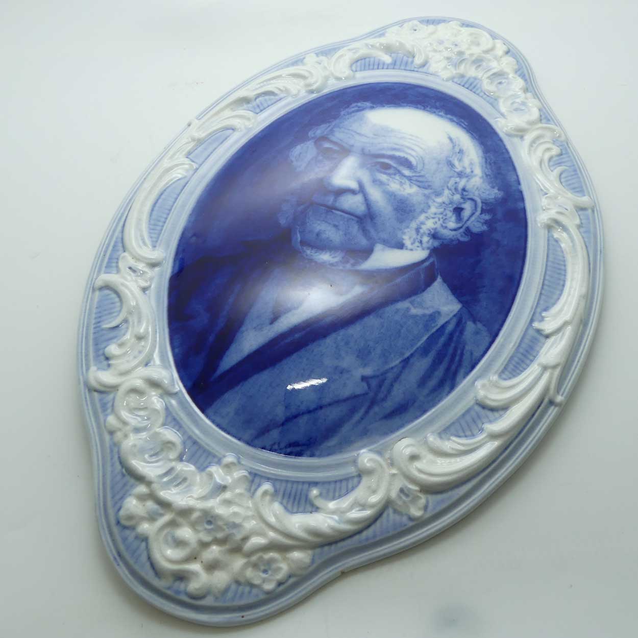 Burgess and Leigh Kents Leadless Glaze Blue and White plaque depicting William Ewart Gladstone