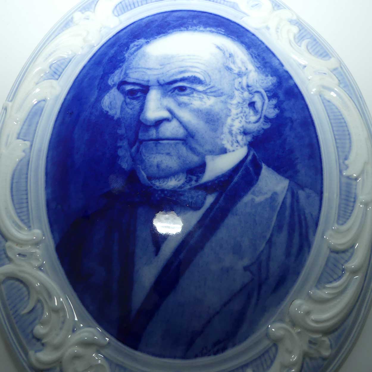 Burgess and Leigh Kents Leadless Glaze Blue and White plaque depicting William Ewart Gladstone