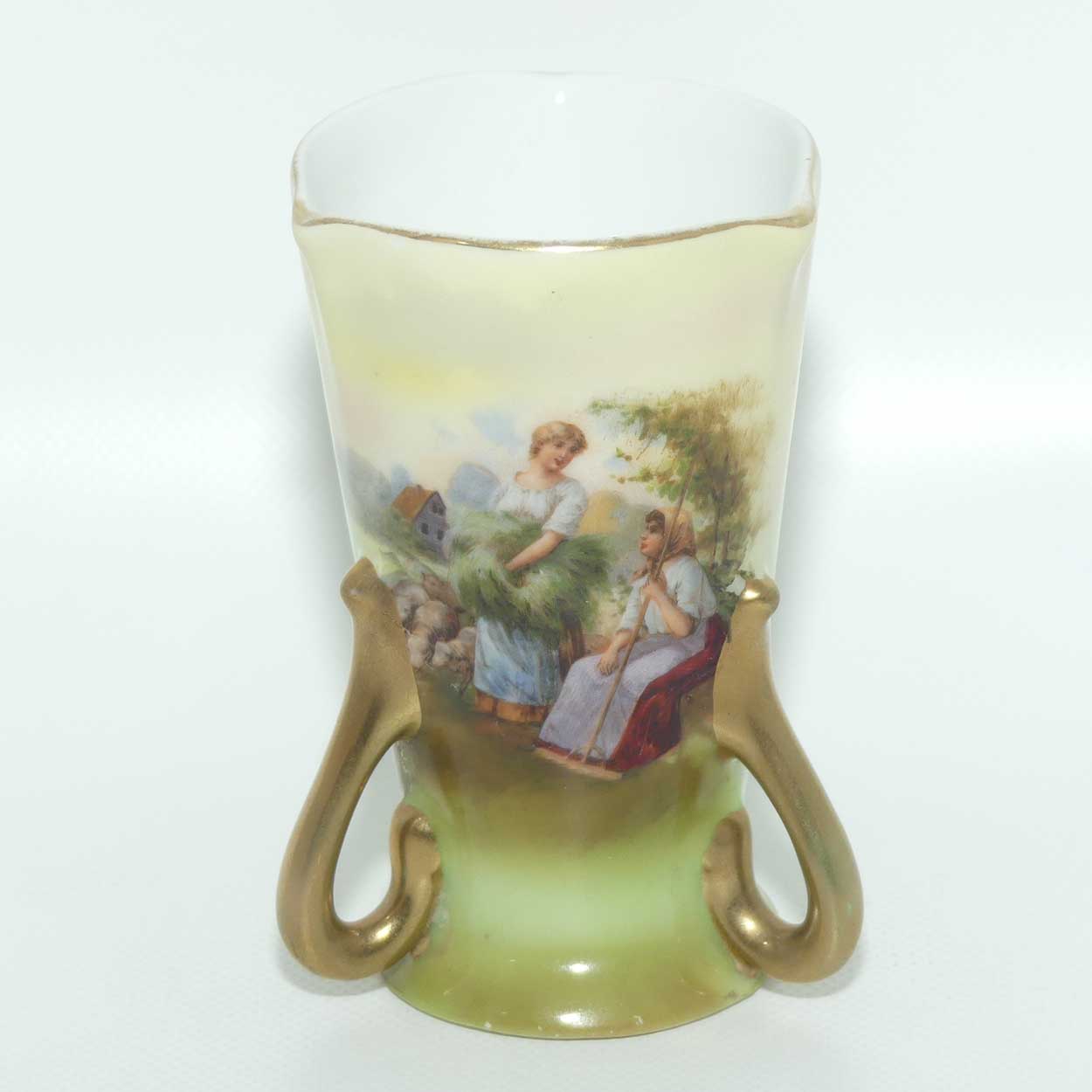Royal Bayreuth Bavaria triple handle vase with Gleaners scene